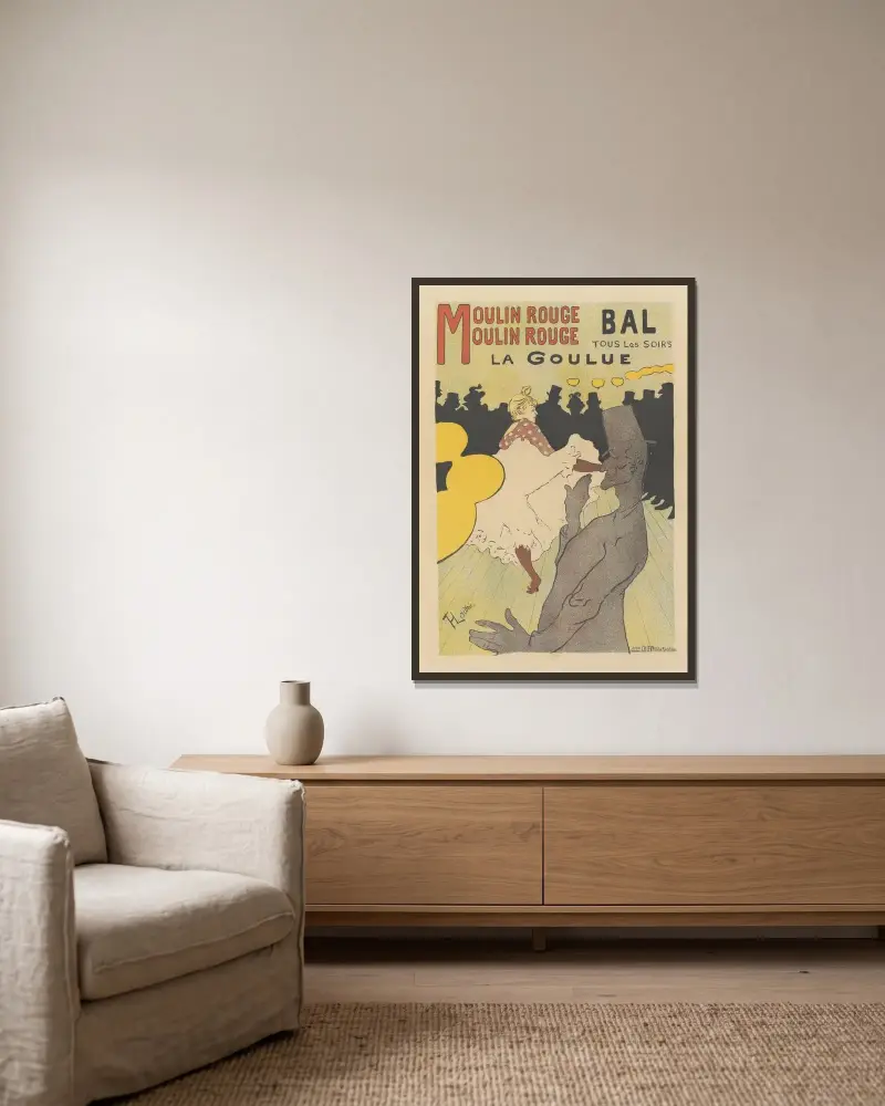 Moulin Rouge, Moulin Rouge, Bal, Tous les Soirs, La Goulue av Henri de Toulouse-Lautrec inramad på en vägg