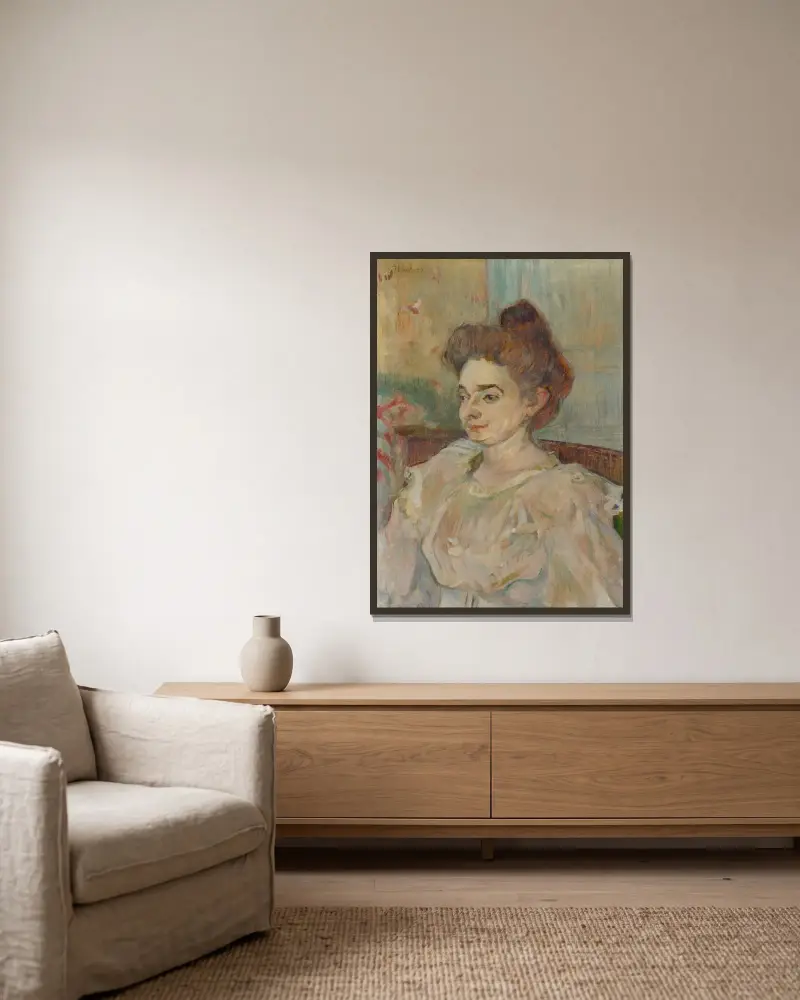 Portrait De Béatrice Tapié De Céleyran av Henri de Toulouse-Lautrec inramad på en vägg