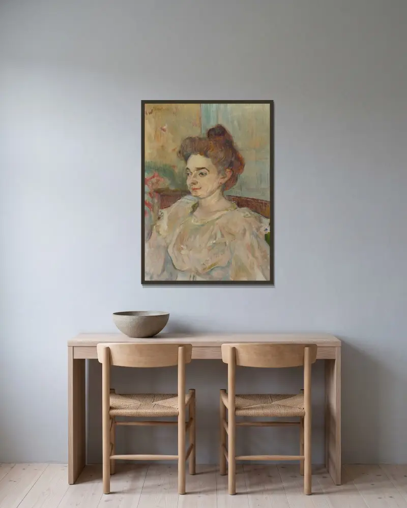 Portrait De Béatrice Tapié De Céleyran av Henri de Toulouse-Lautrec inramad på en vägg