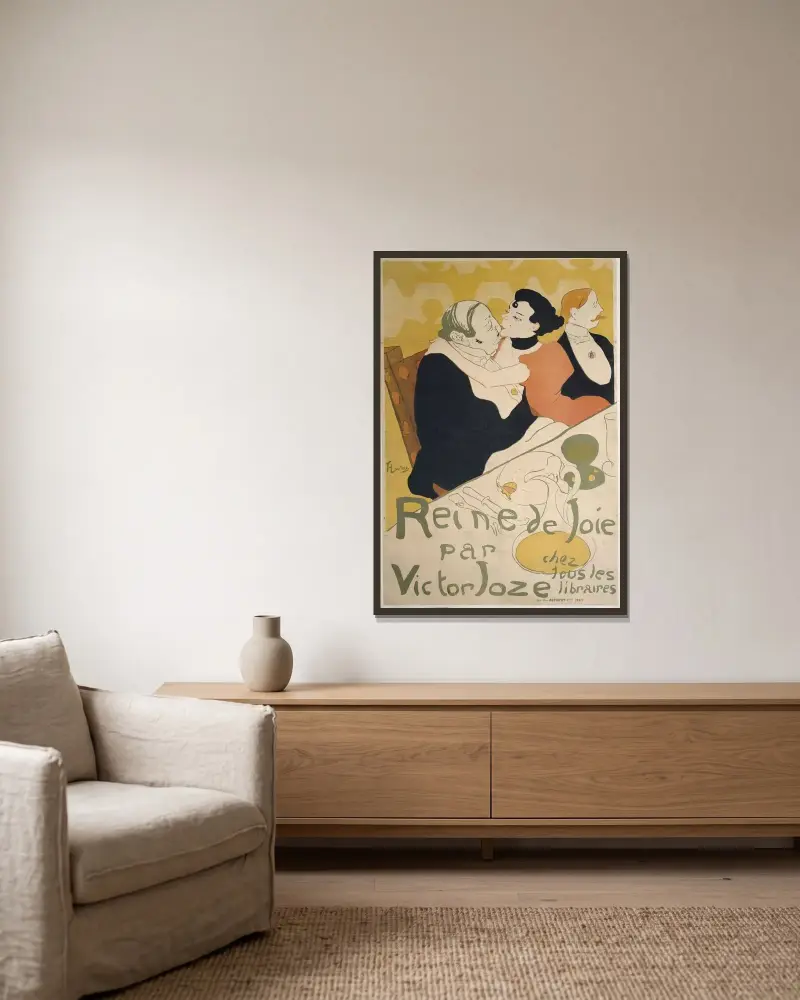 Reine de Joie par Victor Joze av Henri de Toulouse-Lautrec inramad på en vägg