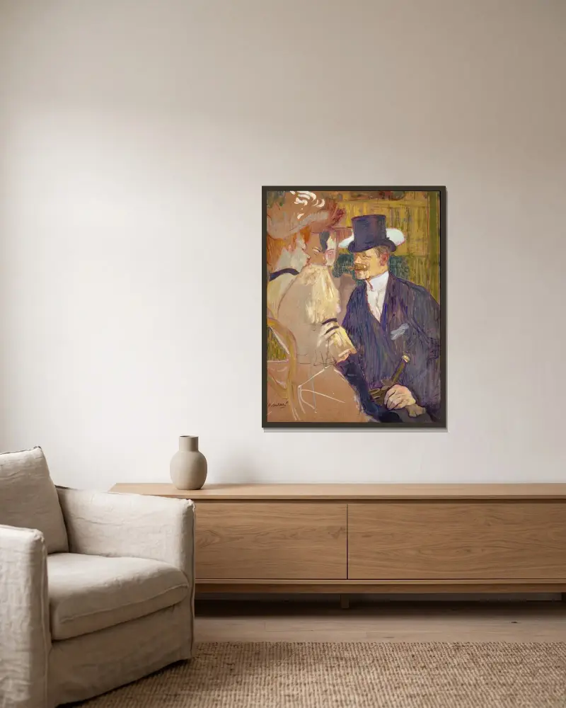 The Englishman (William Tom Warrener, 1861–1934) at the Moulin Rouge av Henri de Toulouse-Lautrec inramad på en vägg