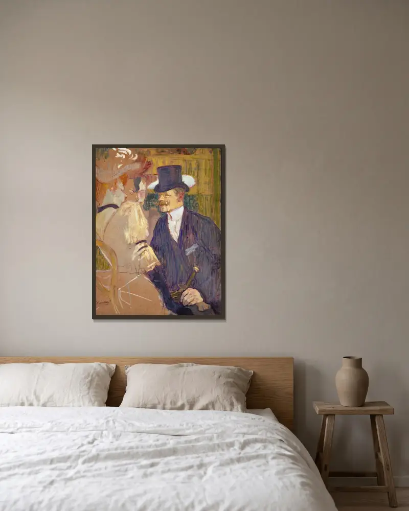 The Englishman (William Tom Warrener, 1861–1934) at the Moulin Rouge av Henri de Toulouse-Lautrec inramad på en vägg