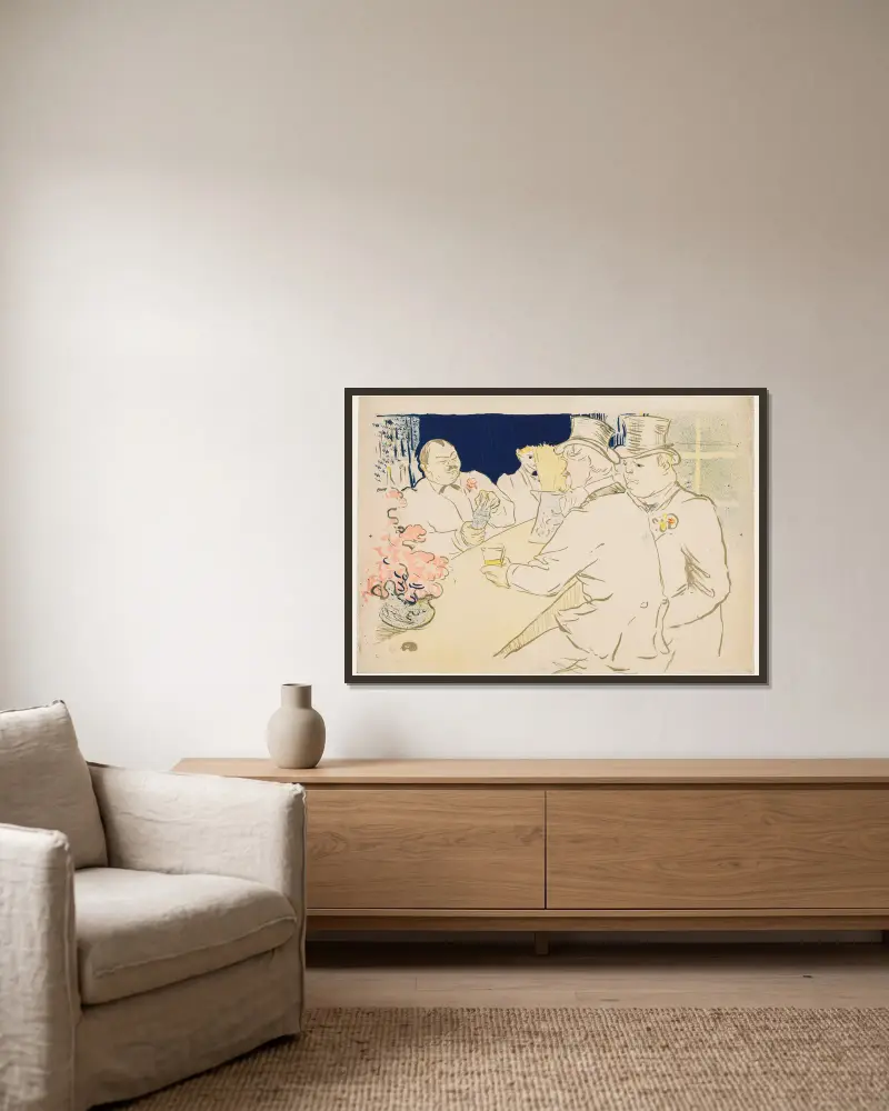 Den irländska och amerikanska baren, Rue Royale av Henri de Toulouse-Lautrec inramad på en vägg