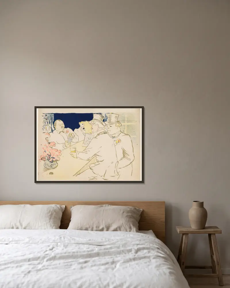 Den irländska och amerikanska baren, Rue Royale av Henri de Toulouse-Lautrec inramad på en vägg
