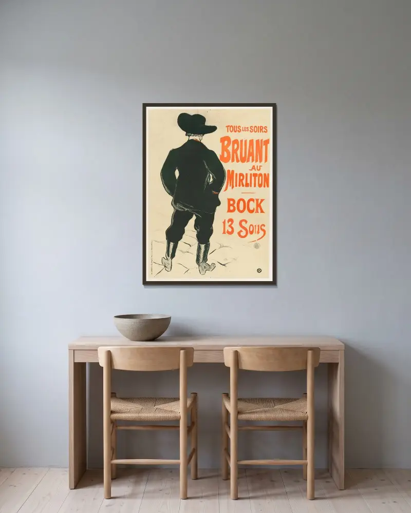 Varje kväll Bruant på Mirliton – Bock 13 sous av Henri de Toulouse-Lautrec inramad på en vägg