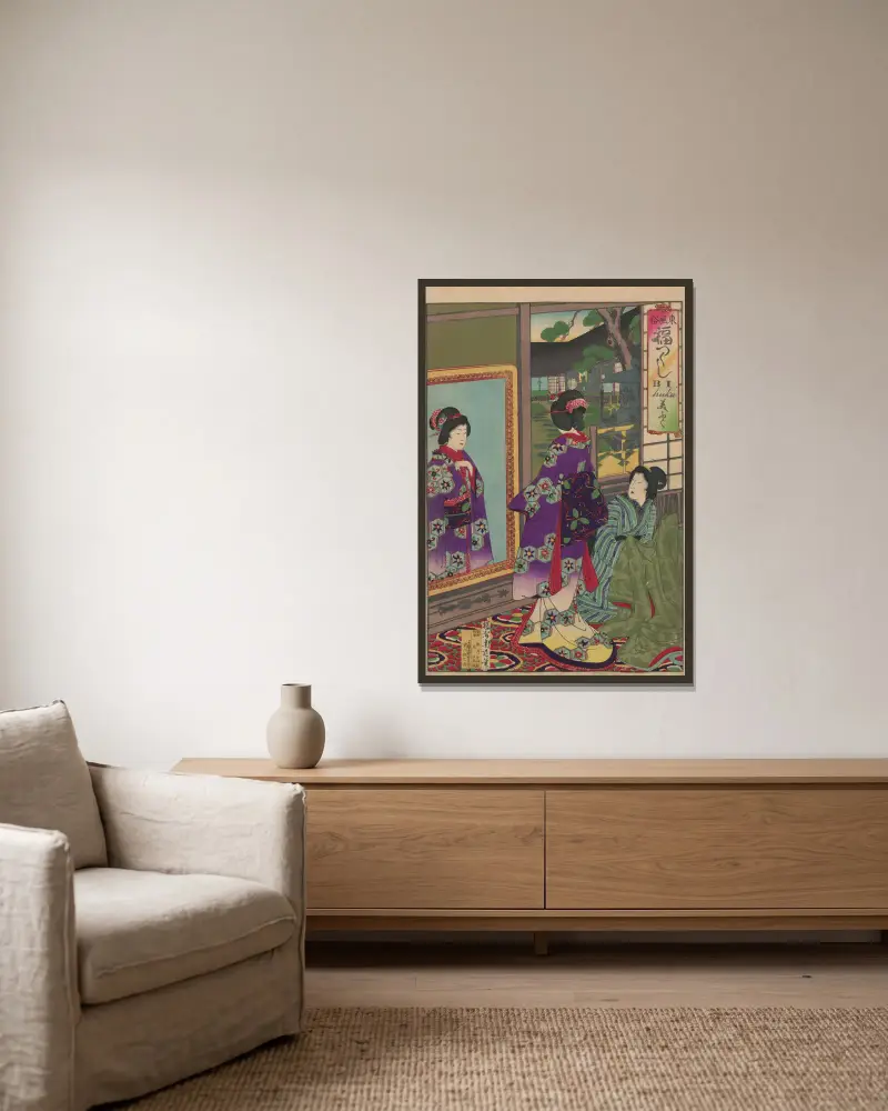 The Album of Nishikie Pl.17 av Toyohara Chikanobu inramad på en vägg
