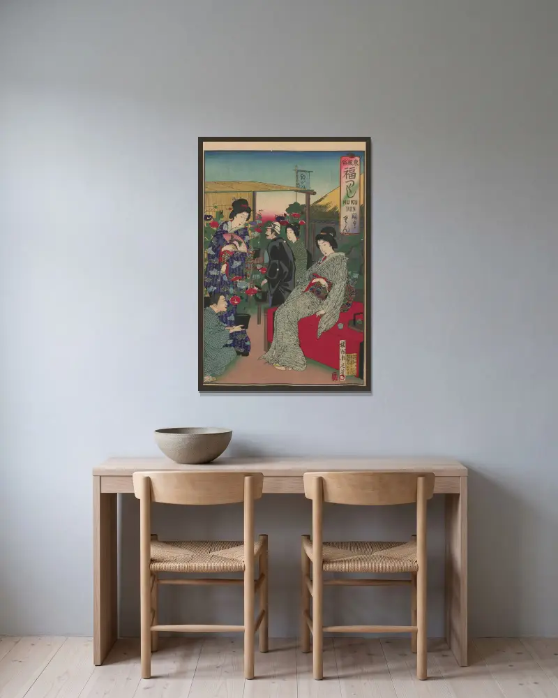 Album med nishiki-e, plansch 22 av Toyohara Chikanobu inramad på en vägg