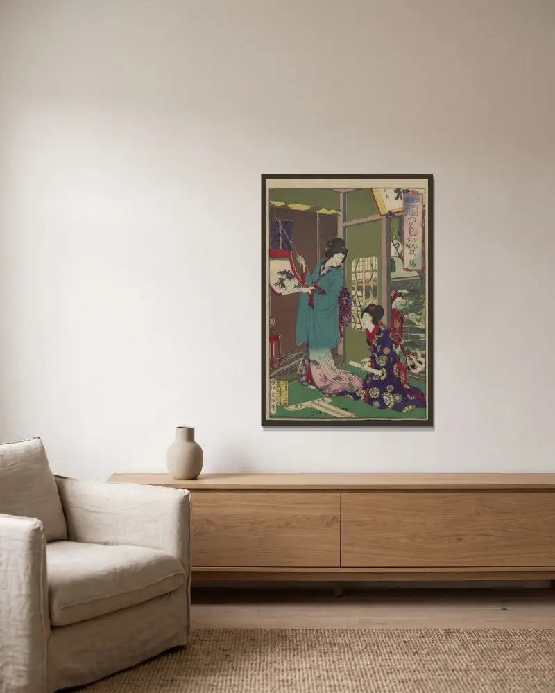 Das Album der Nishiki-e, Tafel 26 von Toyohara Chikanobu gerahmt an einer Wand