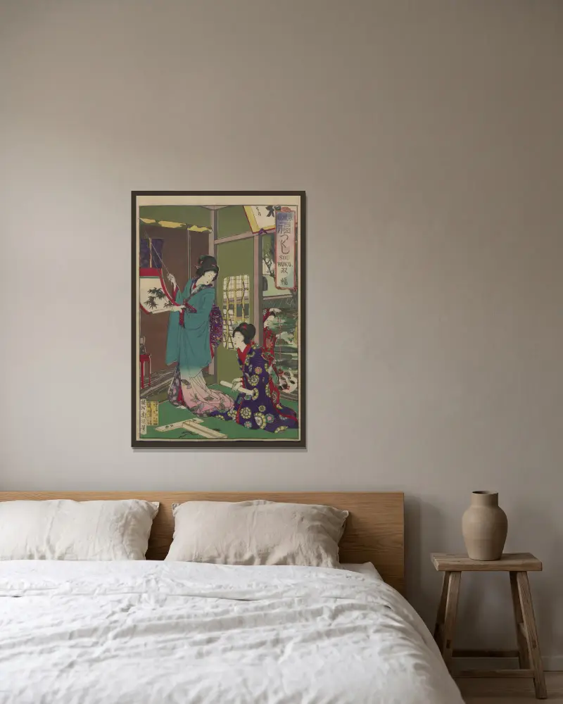 Das Album der Nishiki-e, Tafel 26 von Toyohara Chikanobu gerahmt an einer Wand