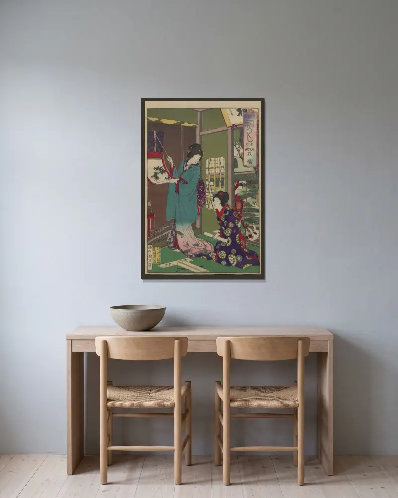 Das Album der Nishiki-e, Tafel 26 von Toyohara Chikanobu gerahmt an einer Wand