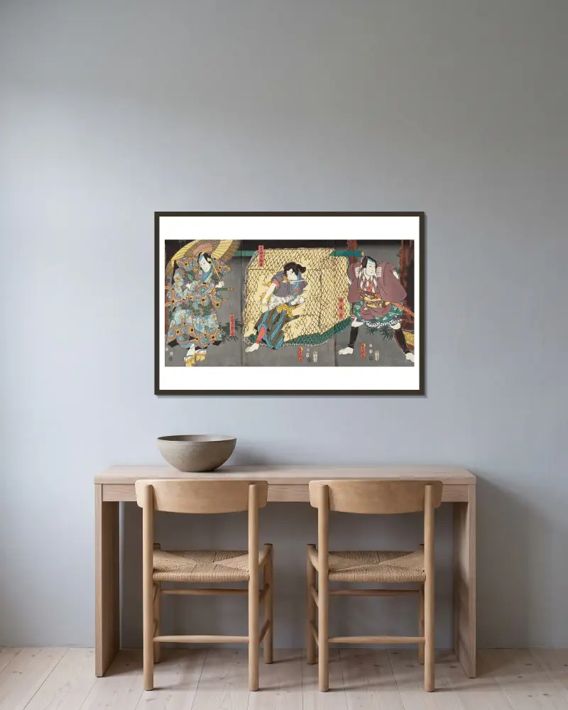 Actors in the Roles of Yoshida no Matsuwaka, Ōtomo Hitachinosuke, and Yakko Kajihira av Utagawa Kunisada (Toyokuni III) inramad på en vägg