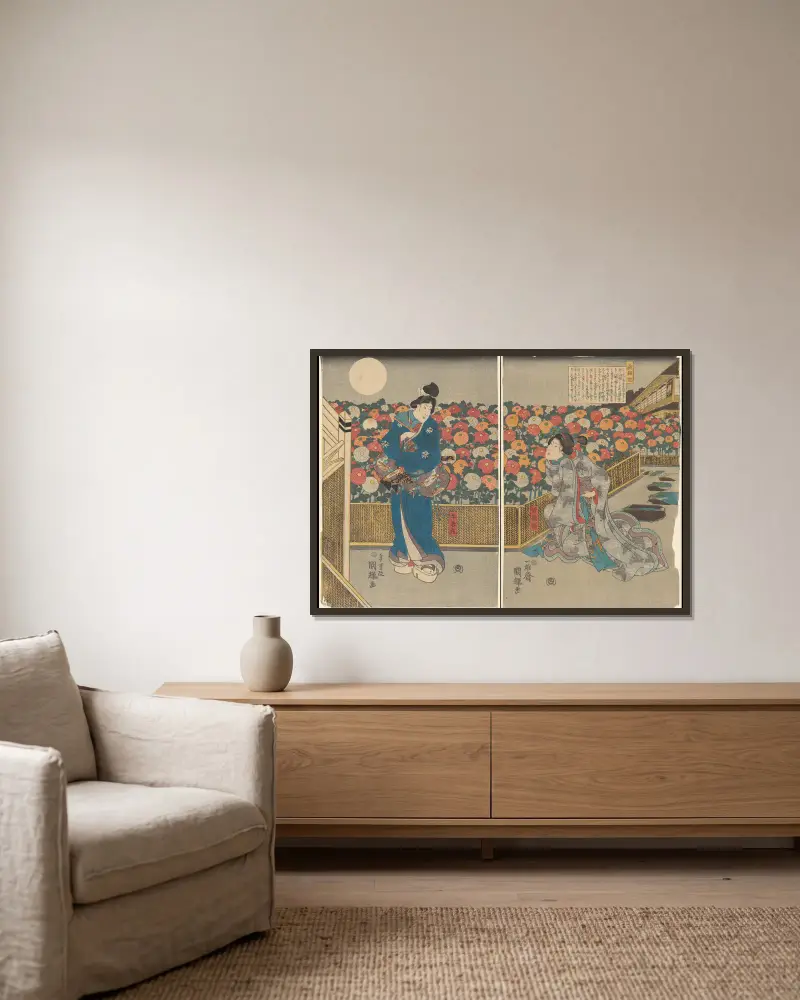 Nächtliche Szene im grünen Haus oder Yoshiwara von Utagawa Kunisada (Toyokuni III) gerahmt an einer Wand