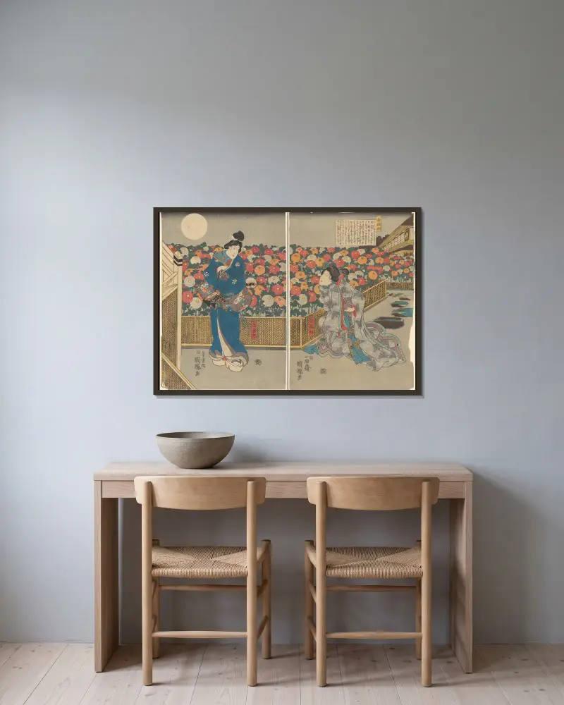 Nächtliche Szene im grünen Haus oder Yoshiwara von Utagawa Kunisada (Toyokuni III) gerahmt an einer Wand