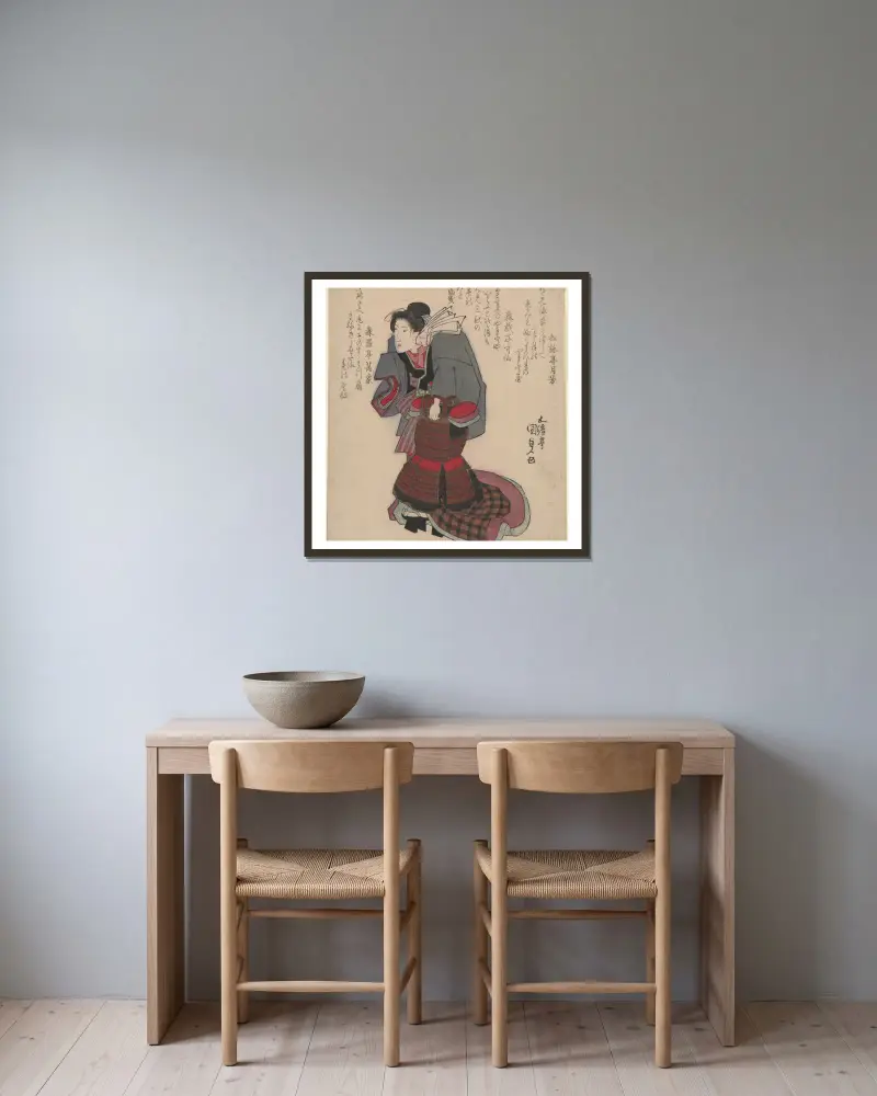 Woman Carrying Samurai Armor (Surimono) av Utagawa Kunisada (Toyokuni III) inramad på en vägg