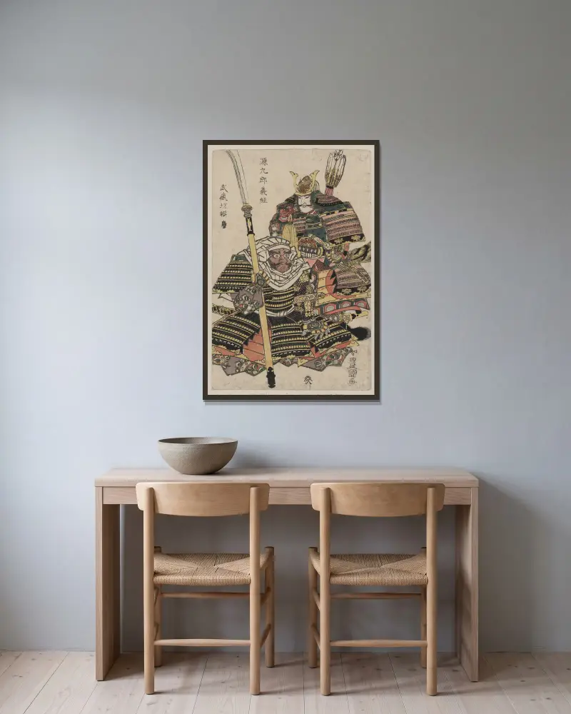 Genkurō Yoshitsune to Musashibō Benkei av Toyokuni Utagawa inramad på en vägg