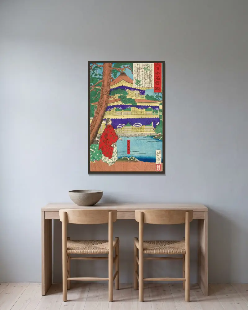 Ashikaga Yoshimitsu Admiring the Golden Pavilion av Tsukioka Yoshitoshi inramad på en vägg