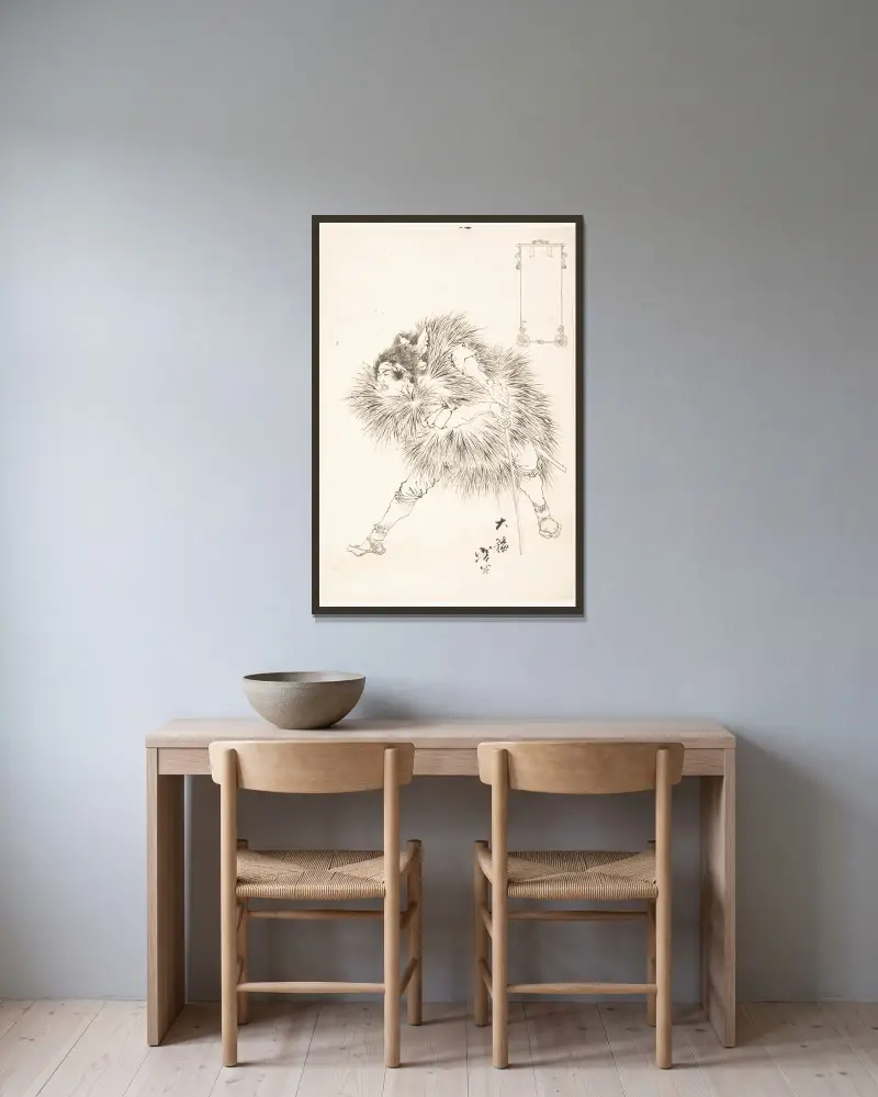 Finished Drawing of a Warrior av Tsukioka Yoshitoshi inramad på en vägg