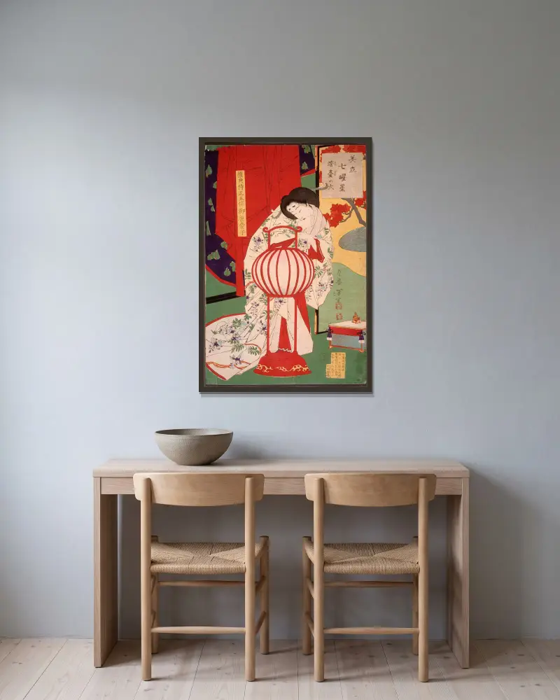 Fire in the Lamp Stand av Tsukioka Yoshitoshi inramad på en vägg