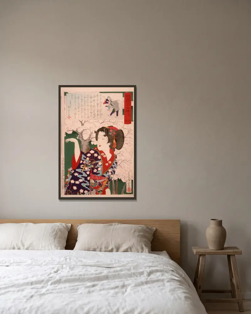 Geisha by Cherry Trees at 3;00 p.m av Tsukioka Yoshitoshi inramad på en vägg
