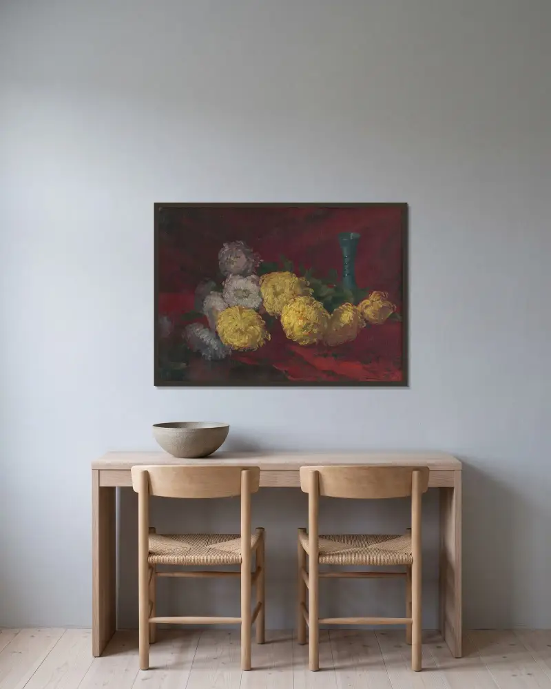 Krysantemum på bordet av Ľudovít Čordák inramad på en vägg
