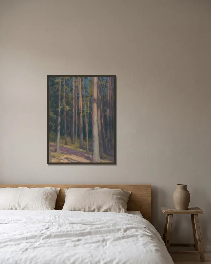 Fir forest av Ľudovít Čordák inramad på en vägg