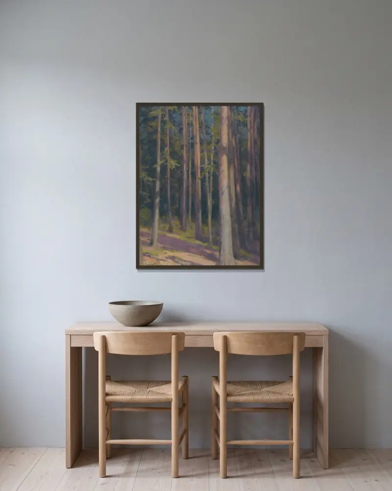 Fir forest av Ľudovít Čordák inramad på en vägg
