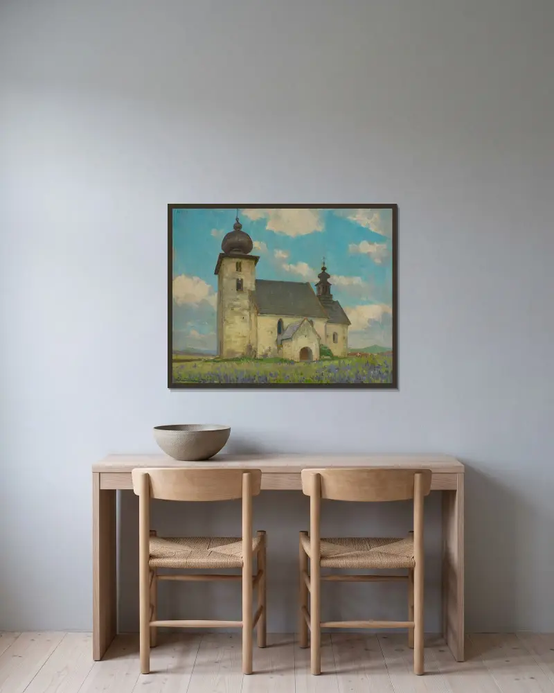 Gotisk kyrka i Žehra av Ľudovít Čordák inramad på en vägg