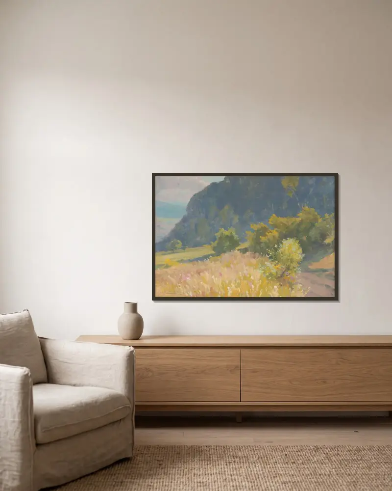 Landscape av Ľudovít Čordák inramad på en vägg