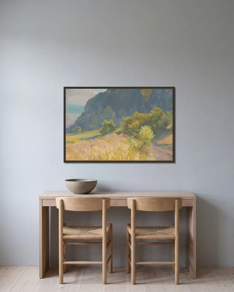 Landscape av Ľudovít Čordák inramad på en vägg
