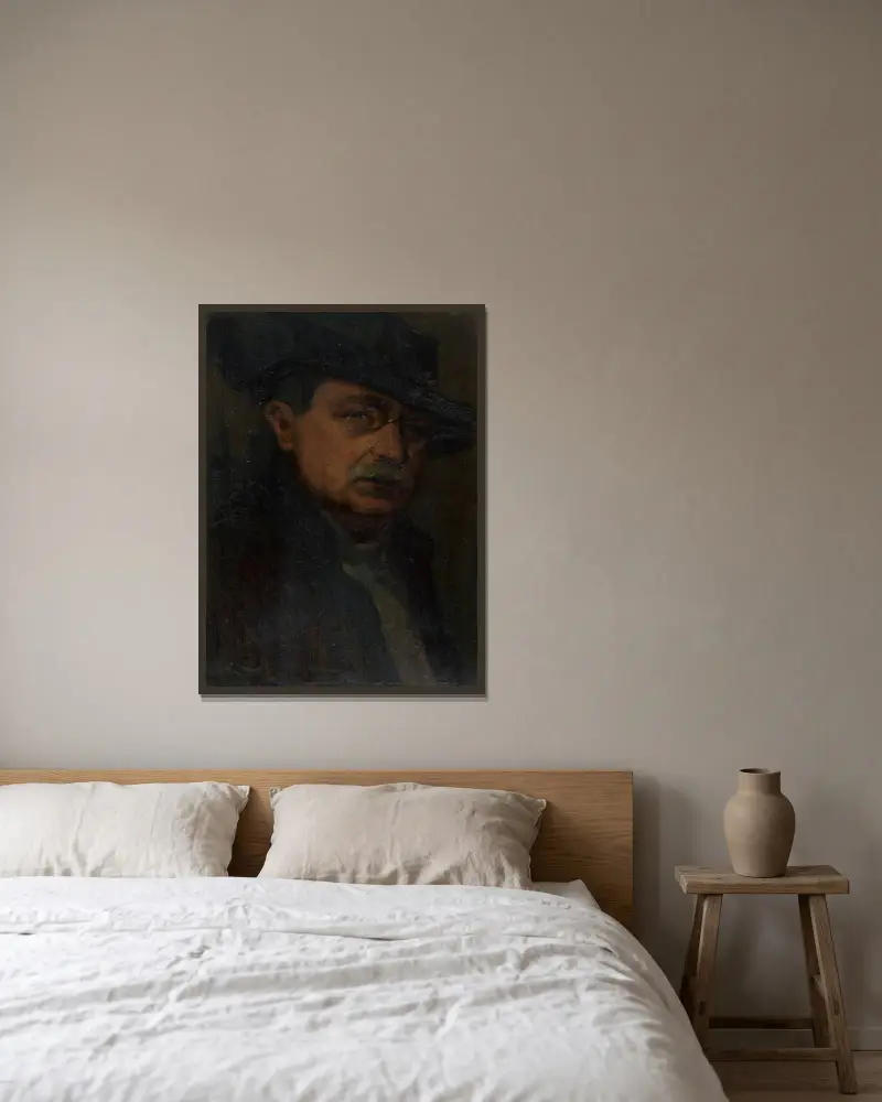 Man med glasögon av Ľudovít Čordák inramad på en vägg