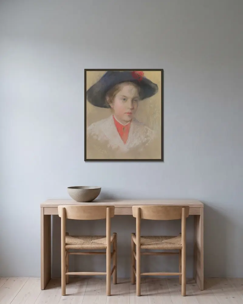 Porträtt av konstnärens dotter Palma av Ľudovít Čordák inramad på en vägg