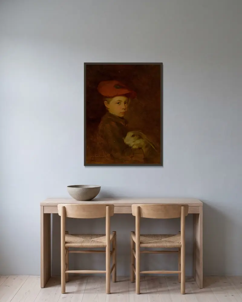 Junge mit Kaninchen von Ľudovít Pitthordt gerahmt an einer Wand