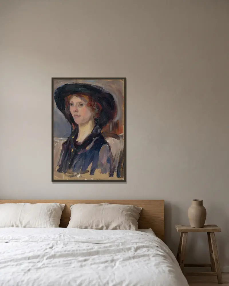 Head Study Of A Girl In A Hat av Ľudovít Pitthordt inramad på en vägg
