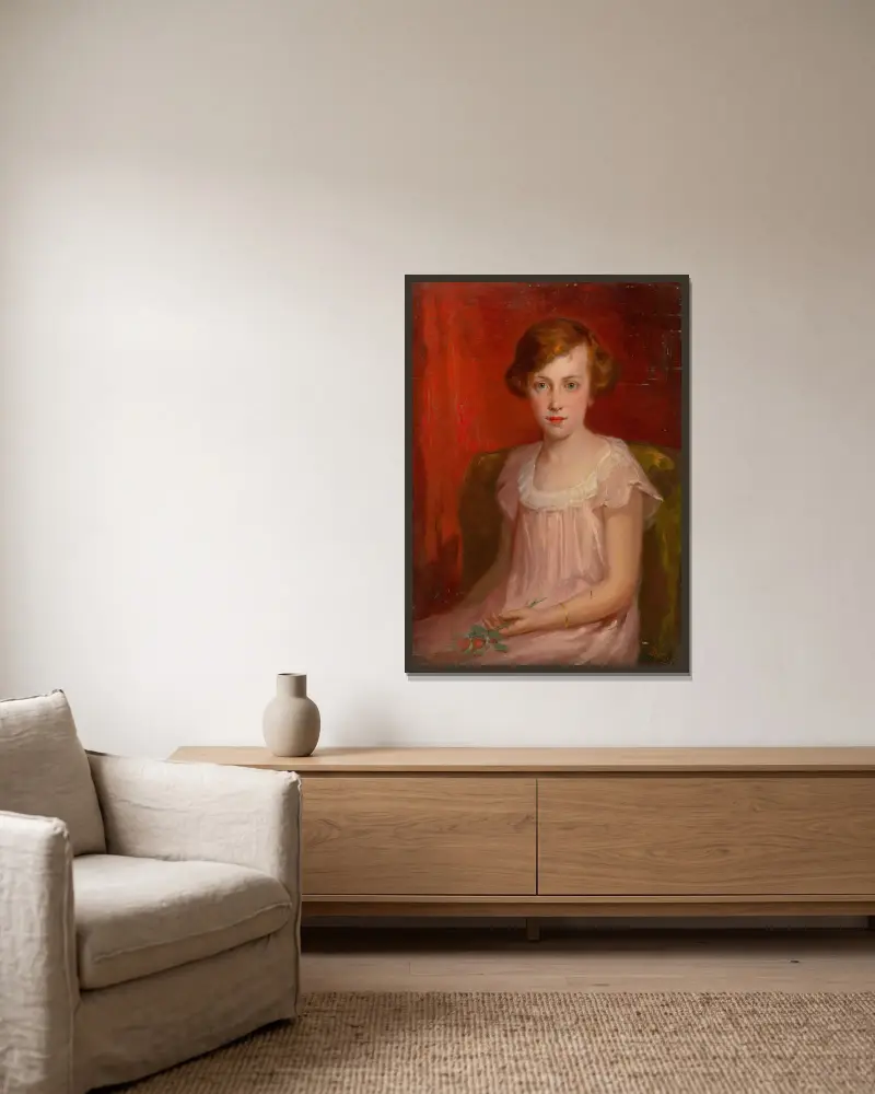 Seated Girl av Ľudovít Pitthordt inramad på en vägg