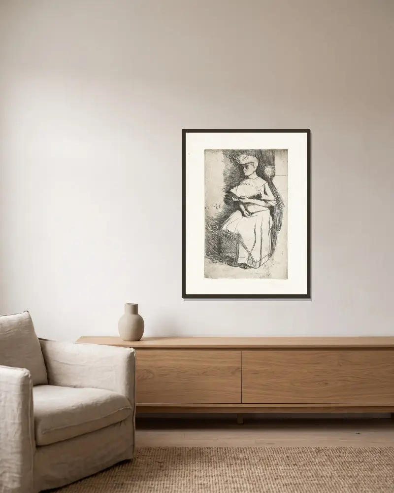 Frau mit Fächer von Umberto Boccioni gerahmt an einer Wand
