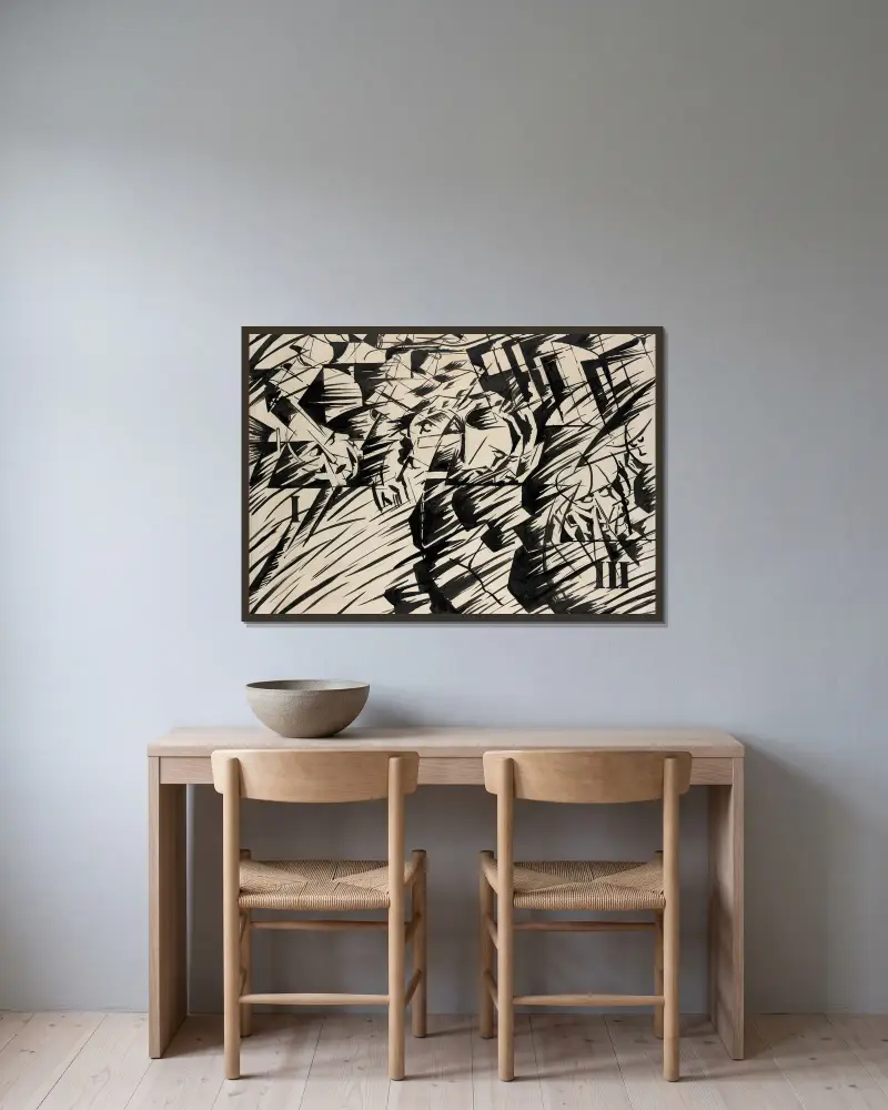Sinnestillstånd, de som går av Umberto Boccioni inramad på en vägg