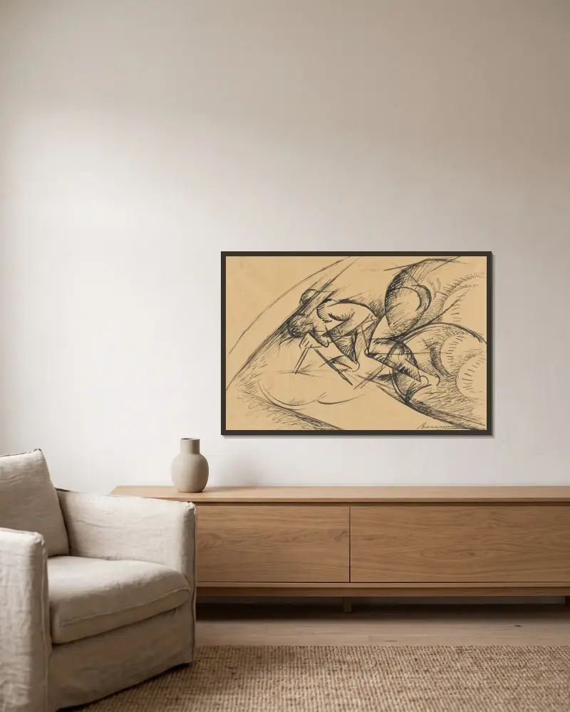 Study for Dynamic Force of a Cyclist I av Umberto Boccioni inramad på en vägg