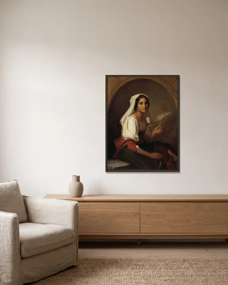 An Italian Woman Spinning Flax av Uno Troili inramad på en vägg