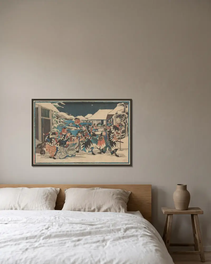 Capture of Moronao in Snow av Utagawa Hiroshige inramad på en vägg
