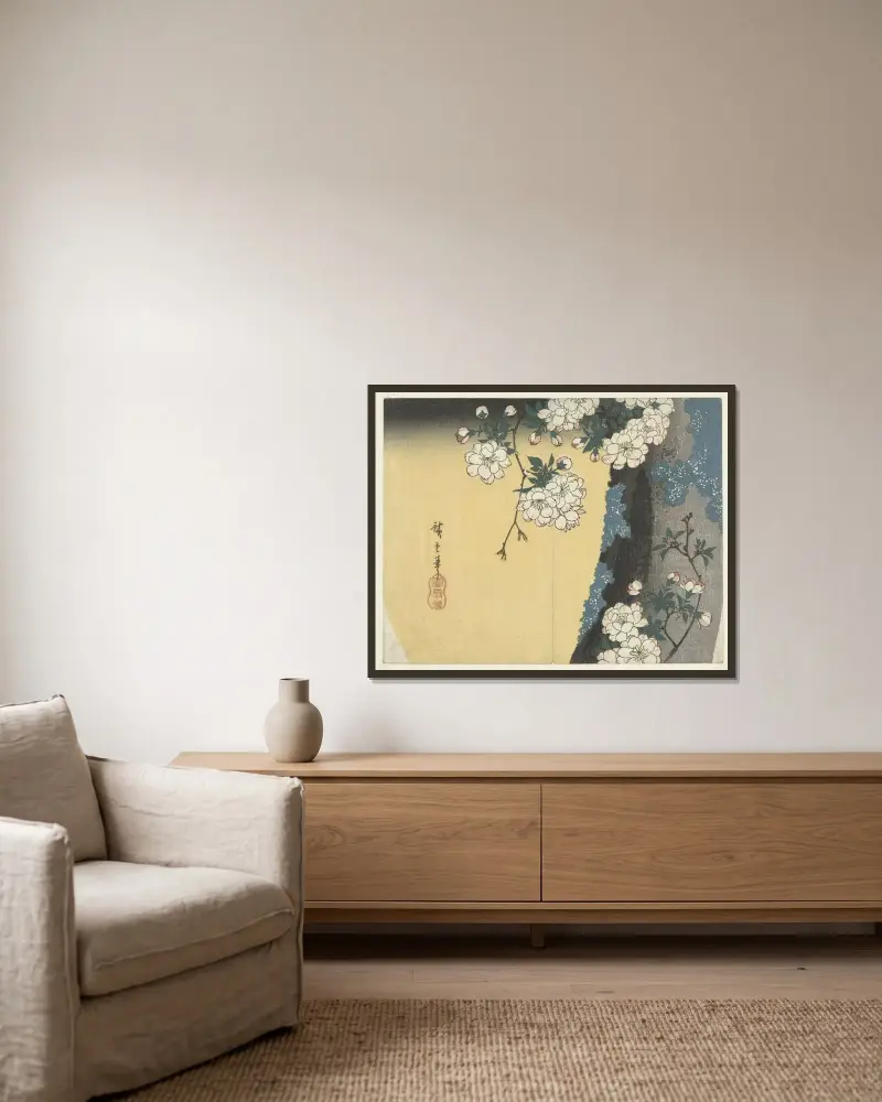 Kirschblüten auf einem Baumstamm von Utagawa Hiroshige gerahmt an einer Wand