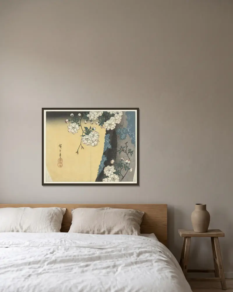 Kirschblüten auf einem Baumstamm von Utagawa Hiroshige gerahmt an einer Wand