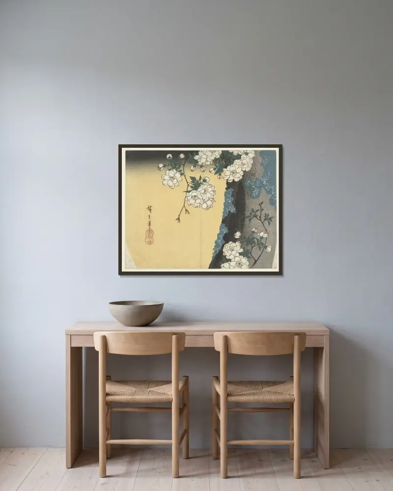 Kirschblüten auf einem Baumstamm von Utagawa Hiroshige gerahmt an einer Wand