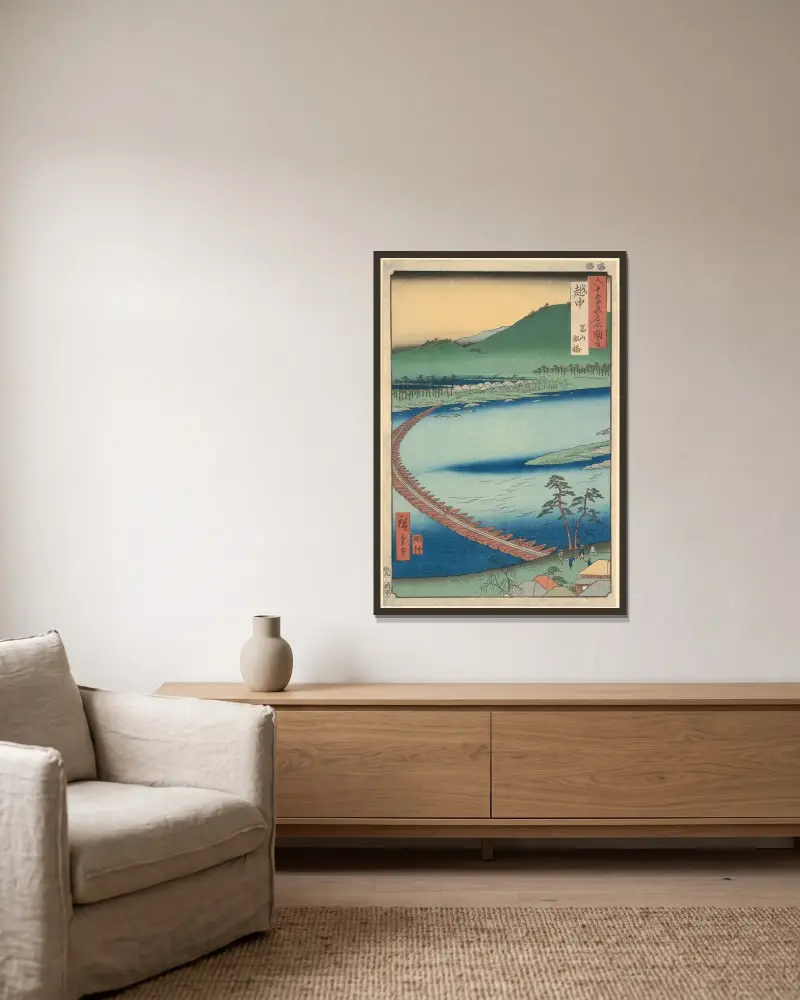 Prefektura Etčú; Plovoucí most (Funabashi), Utagawa Hiroshige v rámu na stěně