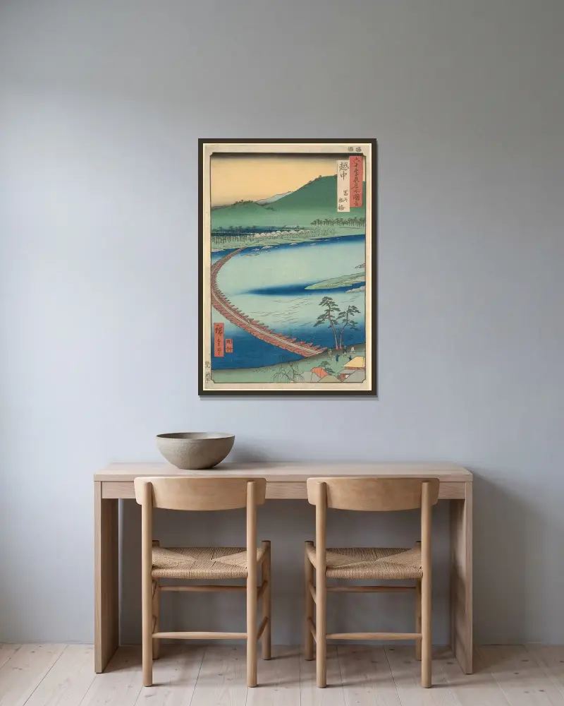 Prefektura Etčú; Plovoucí most (Funabashi), Utagawa Hiroshige v rámu na stěně