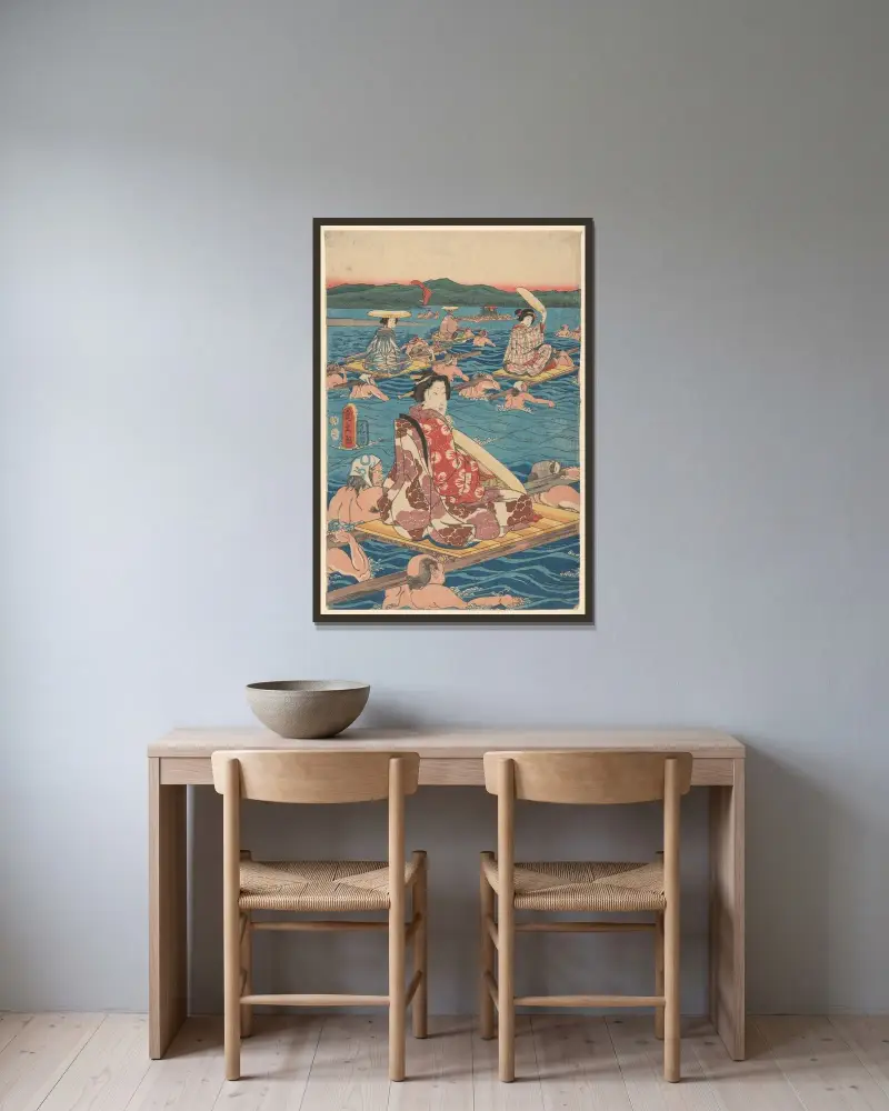 Fording a Broad River – nr 3 av Utagawa Hiroshige inramad på en vägg