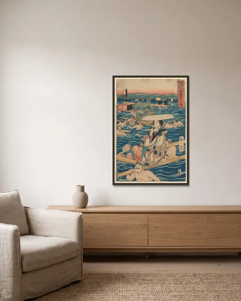 Przeprawa przez szeroką rzekę – nr 1, Utagawa Hiroshige w ramie na ścianie