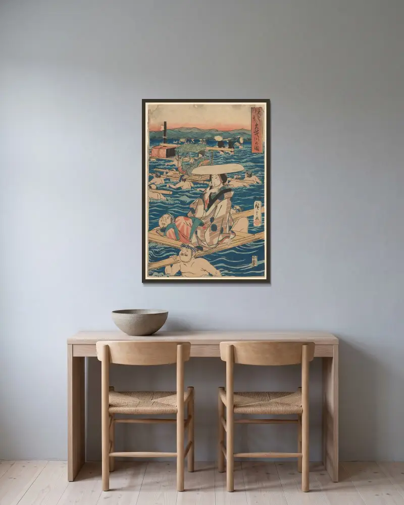 Przeprawa przez szeroką rzekę – nr 1, Utagawa Hiroshige w ramie na ścianie