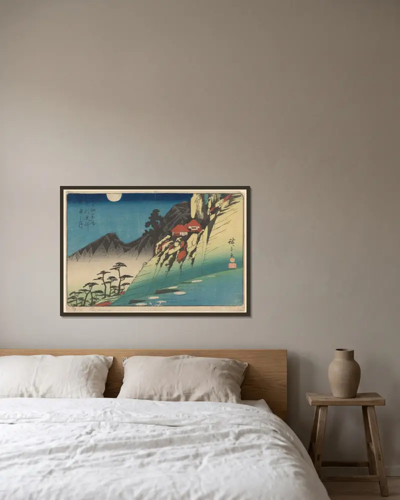 Hillside, Houses, Dark Mountains av Utagawa Hiroshige inramad på en vägg