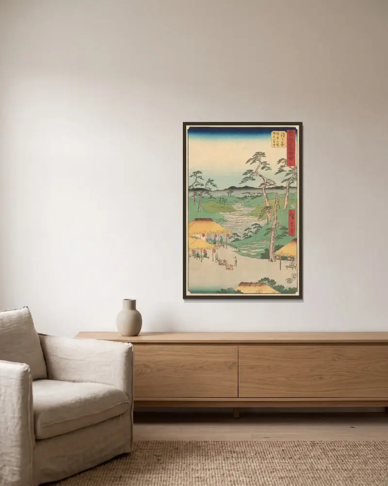 Hodogaya, 1855 von Utagawa Hiroshige gerahmt an einer Wand