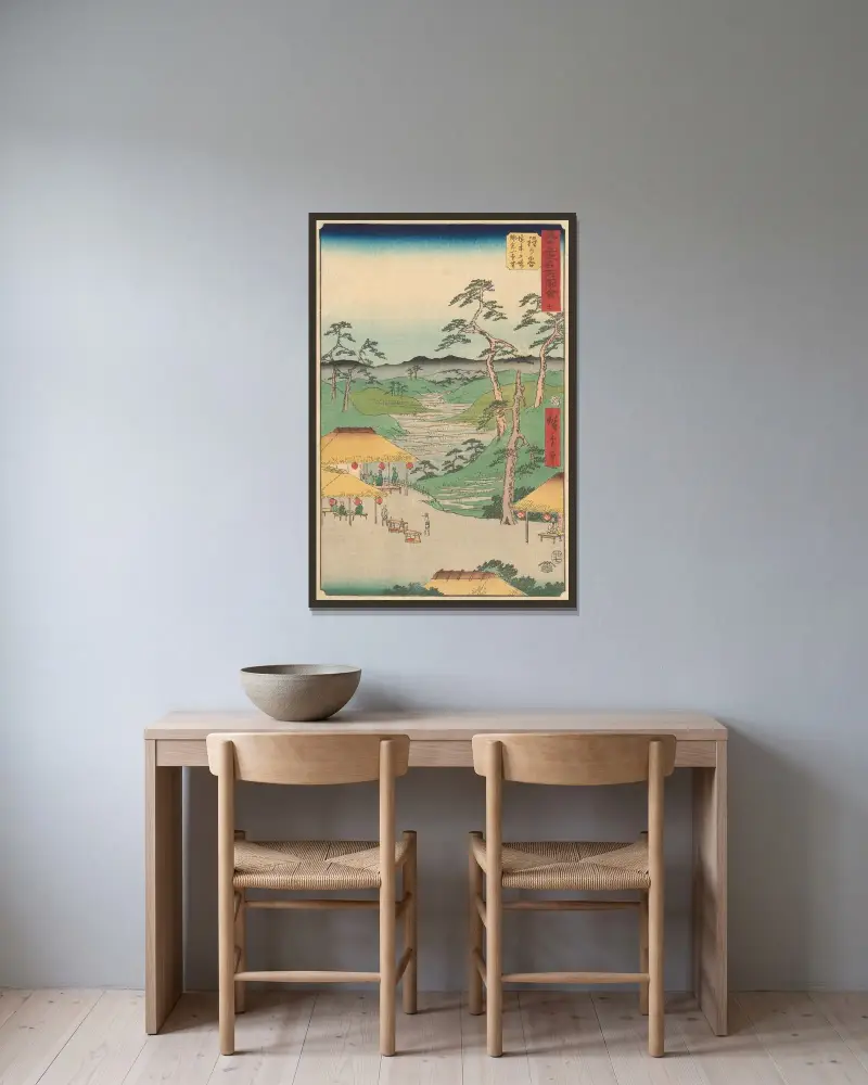 Hodogaya, 1855 von Utagawa Hiroshige gerahmt an einer Wand